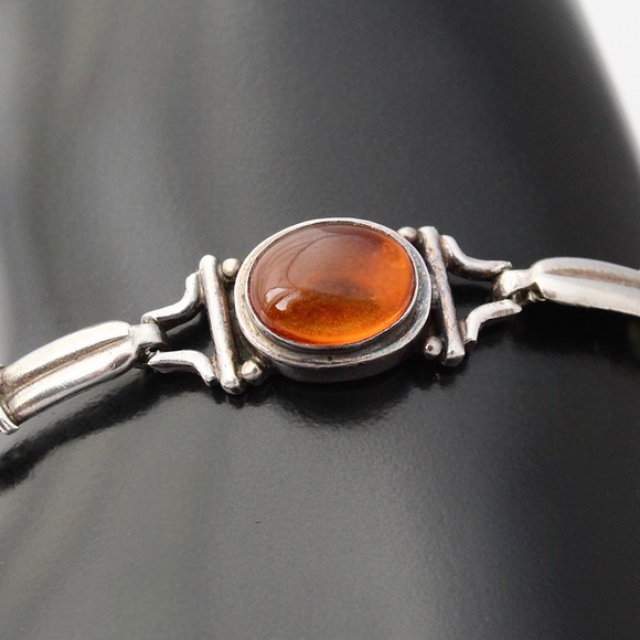Vintage Genuine Amber & Peridot Sterling Silver Link Bracelet - Picture 4 of 6